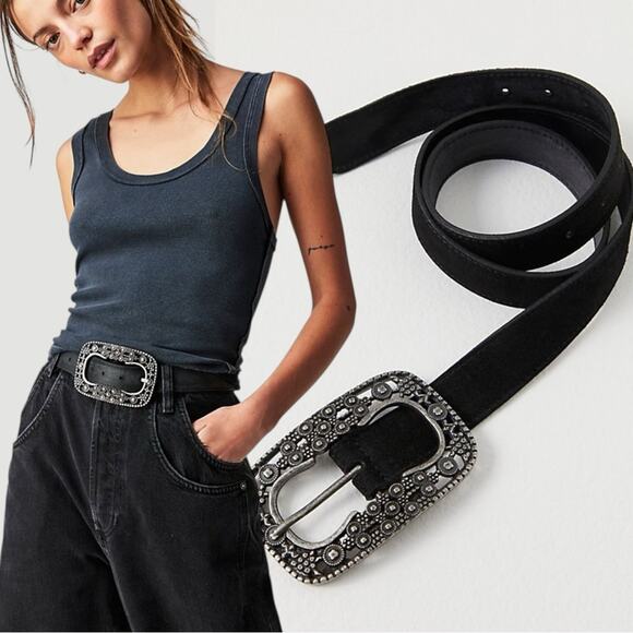 Free People Bohemian Witchy Suede Leather Soledad Jeans Belt Black Medium Large - Picture 1 of 14